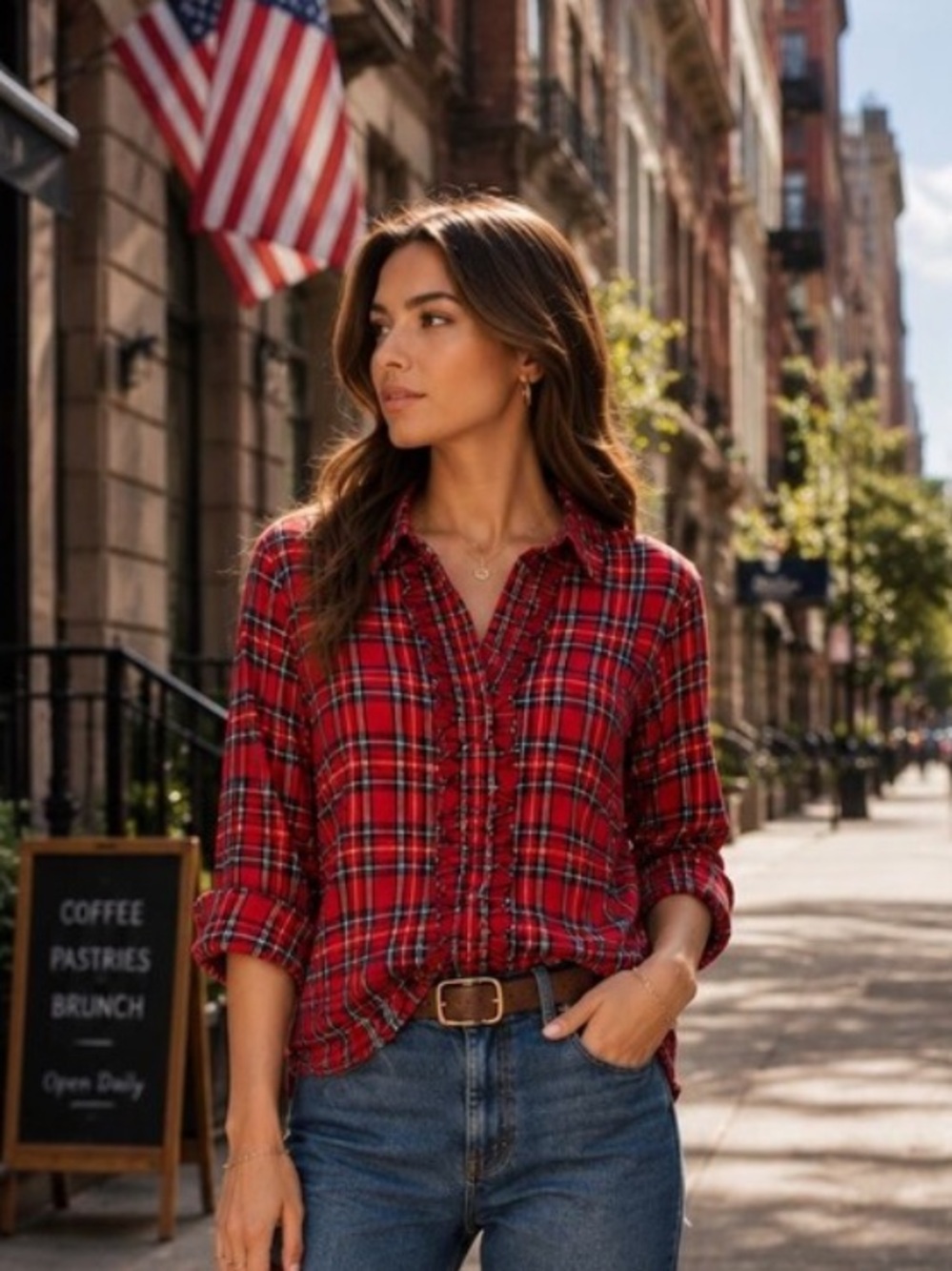 Tommy Hilfiger Red Plaid Ruffle Front Button Up